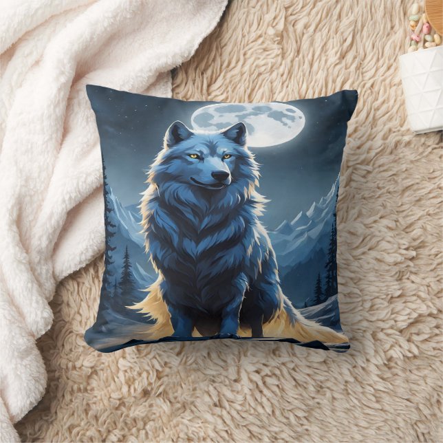 Coussin Loup Majestueux Sous Le Feu De La Lune. (Couverture)