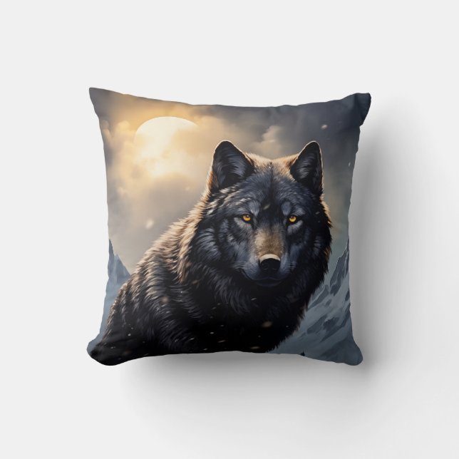 Coussin Loup noir dans les montagnes de neige (Recto)