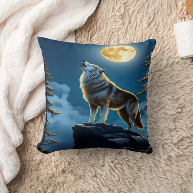 Coussin Loup Solitaire Qui Hurle Sous Une Pleine lune (Couverture)