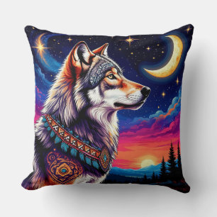 Coussin Loup sous la lune croissante la nuit