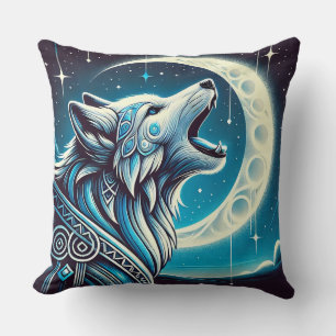 Coussin Loup sous le croissant de lune la nuit