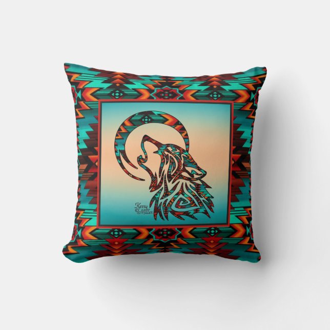 Coussin Loup Tribal hurlant À La Lune Jette De L'Oreiller (Recto)
