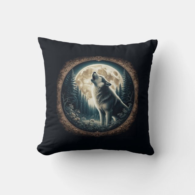 Coussin Loup vintage et lune classique (Recto)