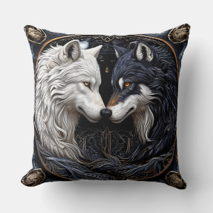 Coussin Loups Blancs et Noirs Symbolisant la Dualité
