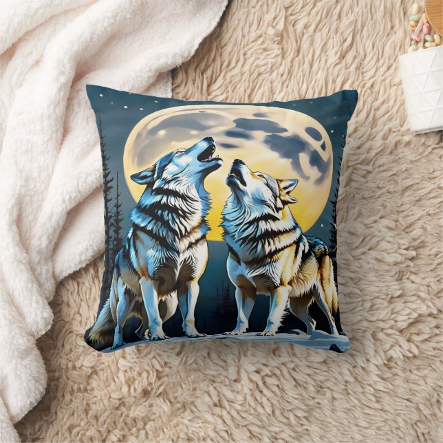 Coussin Loups hurlant sous la pleine lune en hiver (Couverture)
