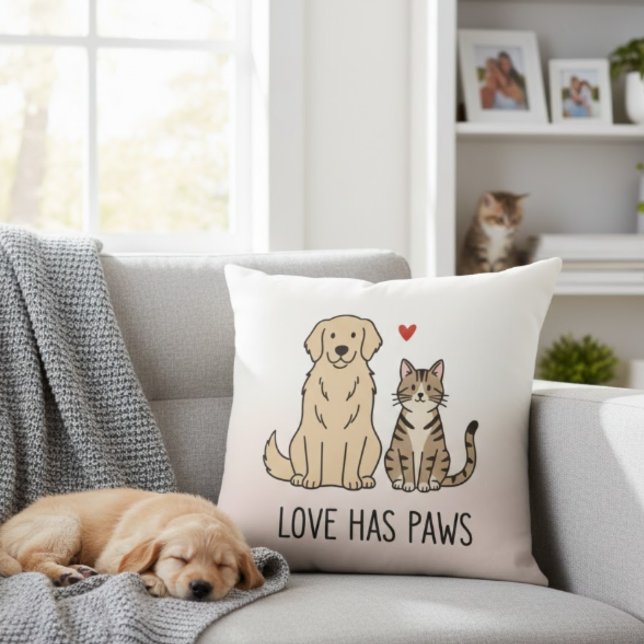 Coussin Love Has Paws | Cute Minimalist Dog and Cat Illust (Créateur téléchargé)
