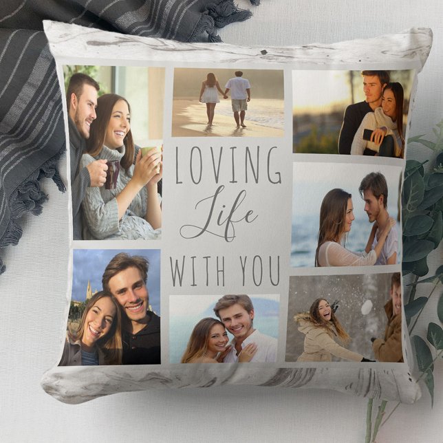 Coussin Love Life with You 7 Photo Collage Gris Marbre (Créateur téléchargé)