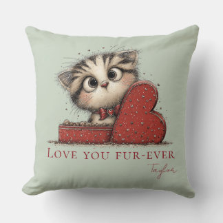 Coussin Love You Fur-Ever Cute Cat Sage Green Throw Pillow