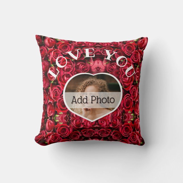 Coussin Love You Heart Photo Red Roses Modern Script migno (Recto)