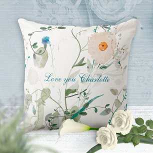Coussin Love You Romantic Aquarelle Fleur sauvage dentelle