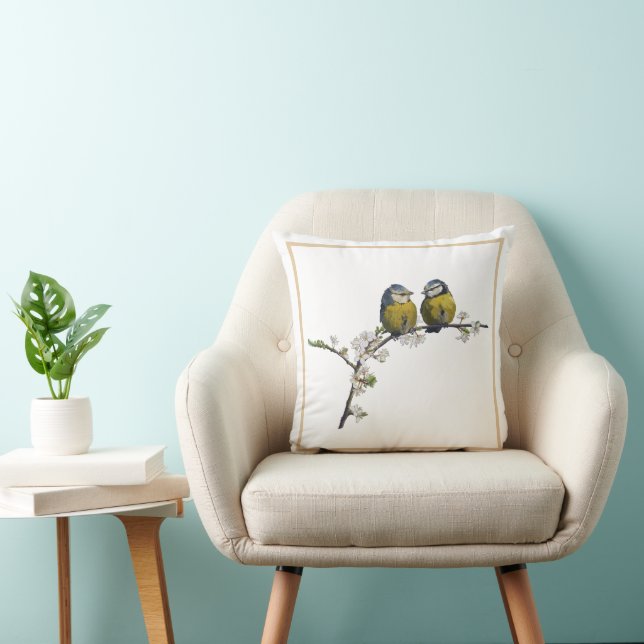 Coussin Lovebirds assis sur une branche de fleurs de ceris (Chaise)