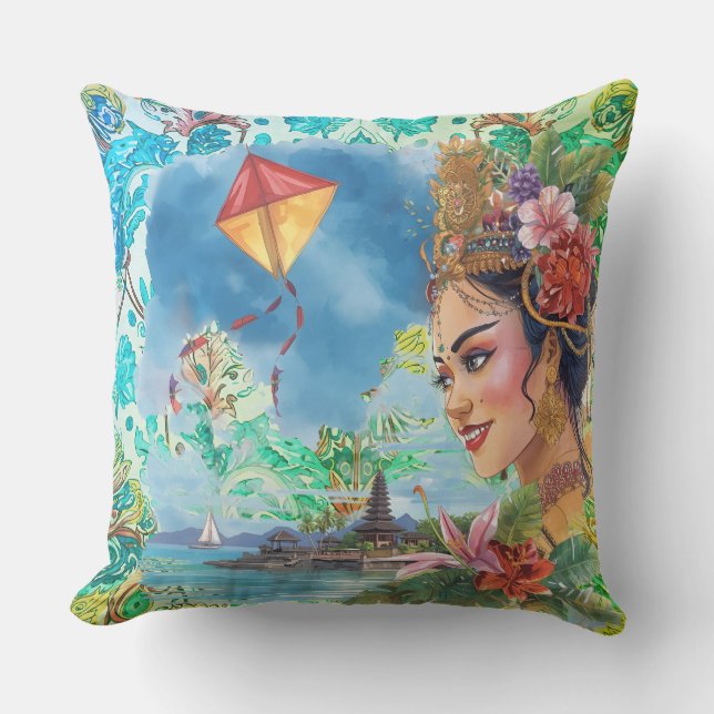 Coussin Lovely Bali Dancer and Tropical Pattern (Recto)