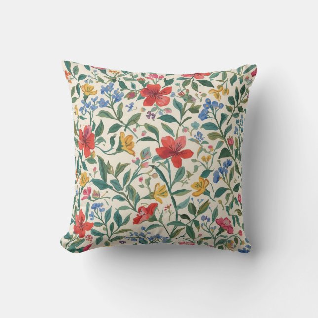 Coussin Lovely, Red Yellow Blue Flowers and Leaves Pattern (Recto)