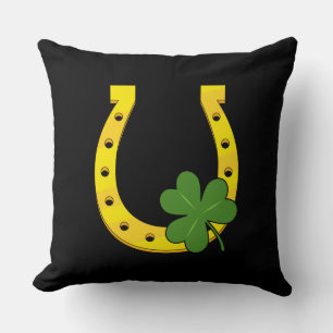 Coussin Lucky Golden Horseshoe avec Shamrock sur noir
