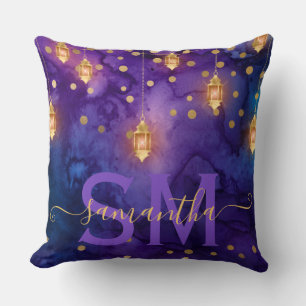 Coussin Lueur de lanterne violette et bleue à monogramme