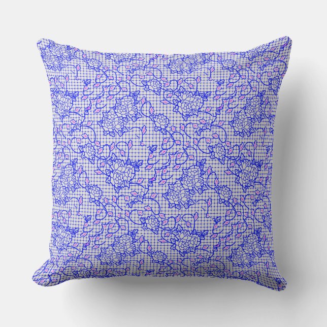 Coussin Lumineuse filet bleu avec fleurs 02b Offwhite BG (Recto)