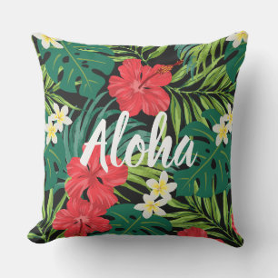 Coussin Luna Hibiscus Garden Hawaiian - Rouge et Noir