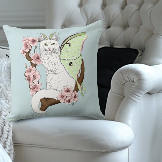 Coussin Luna Moth Moth Blanc Chat Vert (Créateur téléchargé)