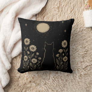 Coussin Lune de Chat Noir Minimaliste Fleur Sauvage