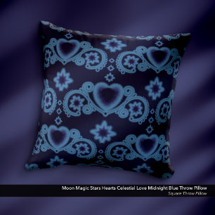 Coussin Lune Magie Étoiles Coeurs Céleste Amour Bleu foncé