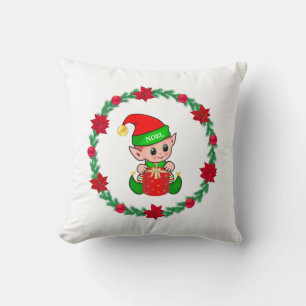 Coussin Lutin de Noël, couronne de pin, poinsettias et bou
