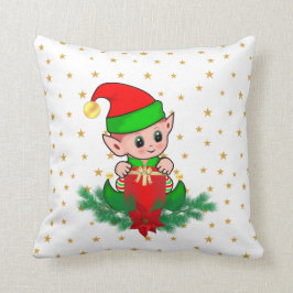 Coussin Lutin de Noël, pin, poinsettia et étoiles