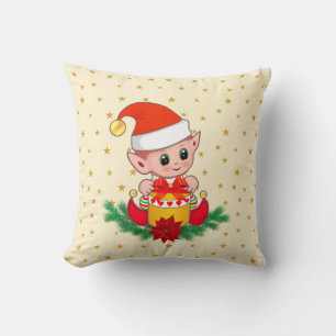 Coussin lutin de Noël, pin, poinsettia et étoiles sur ivoi