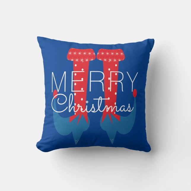 Coussin Lutin de Noël Rouge Bleu Script Flocon de neige  (Recto)