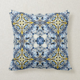 Coussin Luxe, élégant, vignes, jaune moutarde, bleu mari
