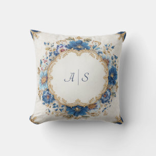 Coussin Luxueux décor bleu victorien et or floral