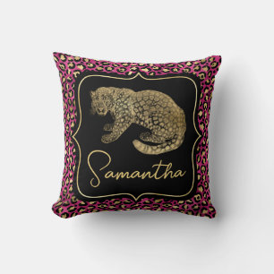 Coussin Luxueux imprimé léopard rose or monogramme animali