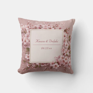 Coussin Luxuriant Fleur de Cerisier Rose Cadre Doré Plein