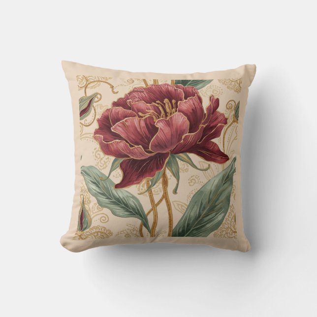 Coussin Luxurious, Maroon ,Gold Flowers Design Art  (Recto)