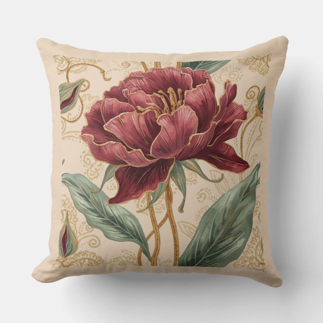 Coussin Luxurious, Maroon ,Gold Flowers Design Art  (Recto)