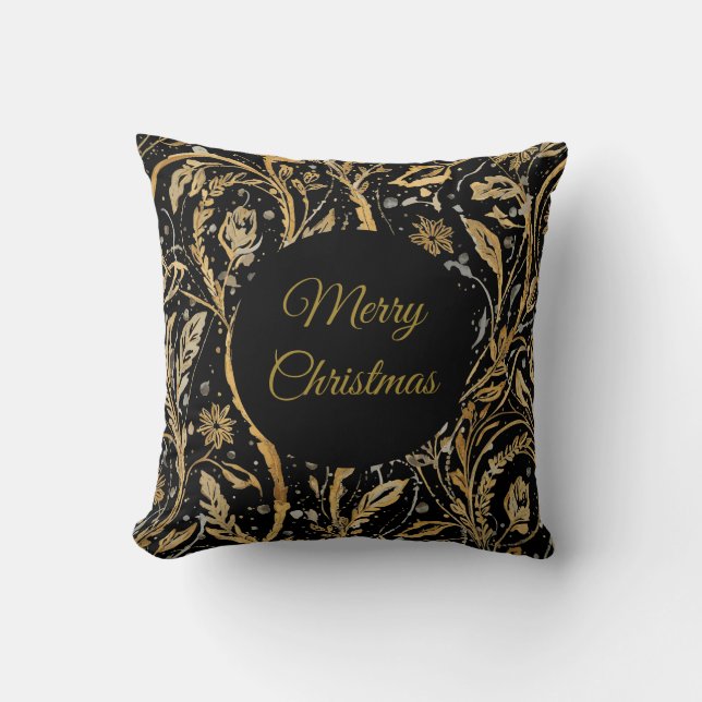 Coussin Luxury Black Gold Flowers Pattern, Merry Christmas (Recto)