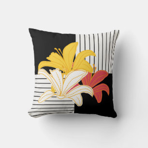 Coussin Lys orange jaune sur bandes blanches noires Jeter