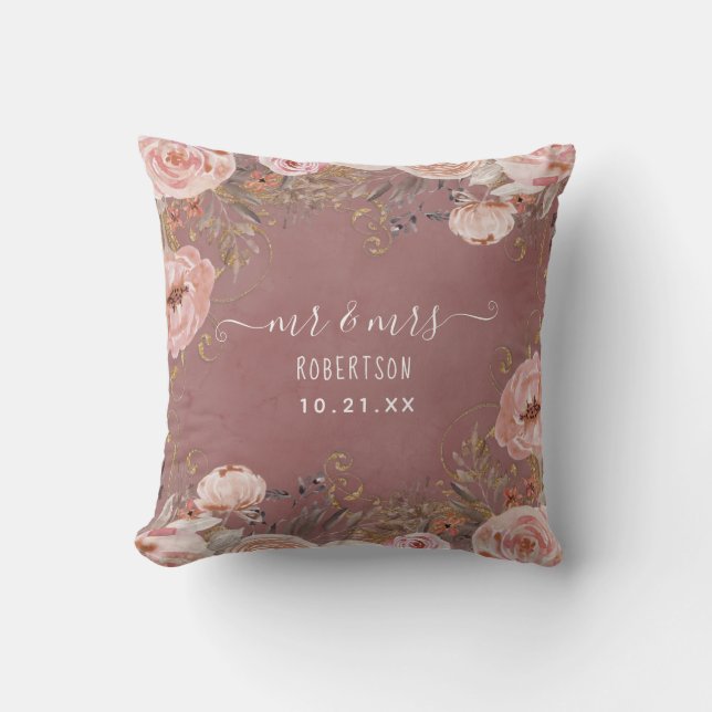 Coussin M. et Mme Nom Mariage Fleurs Aquarelle Rose Pâle (Recto)