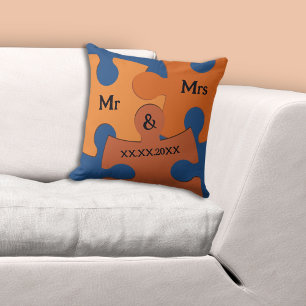 Coussin M & Mme Date de mariage Pièces de puzzle orange et