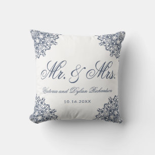 Coussin M. & Mme Mariage Blanc Bleu Écriture Élégante