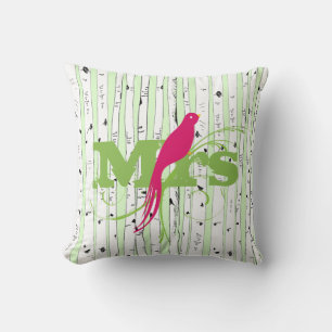 Coussin M. Mme Spring Green et Fuchsia Birch Tree Bird