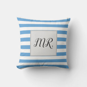 Coussin M. rayé blanc et bleu clair