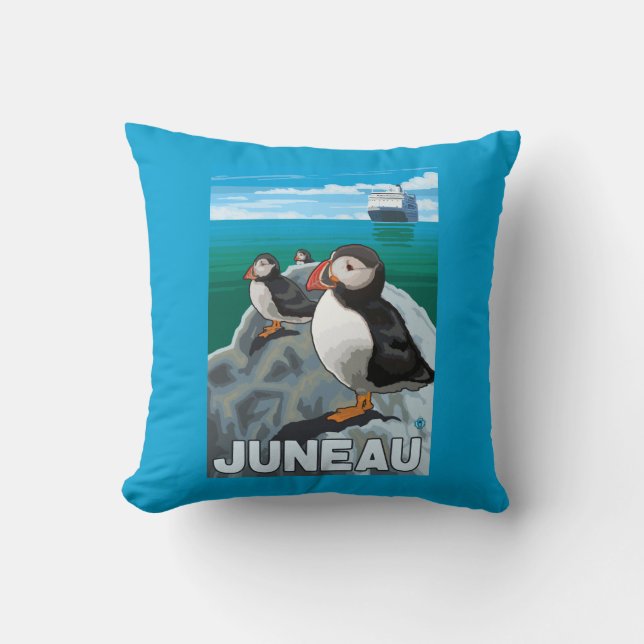 Coussin Macareux et bateau de croisière - Juneau, Alaska (Recto)