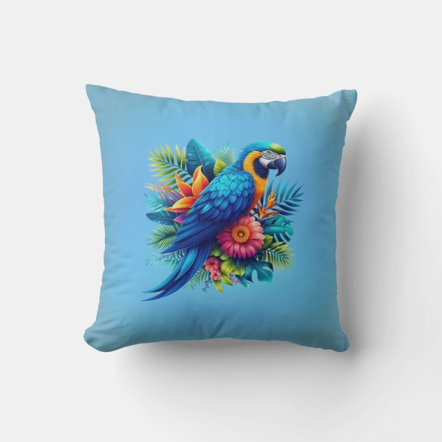 Coussin Macaw tropicale bleue et colorée (Recto)