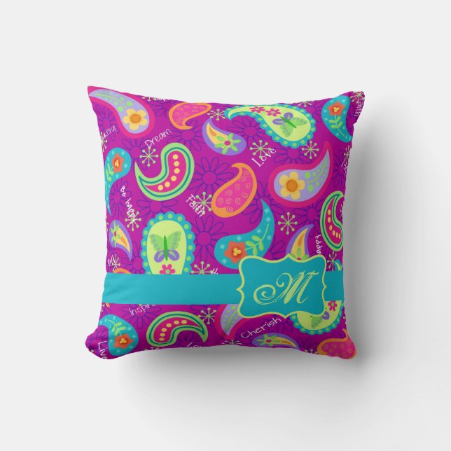 Coussin Magenta Purple Turquoise moderne Motif Paisley (Recto)