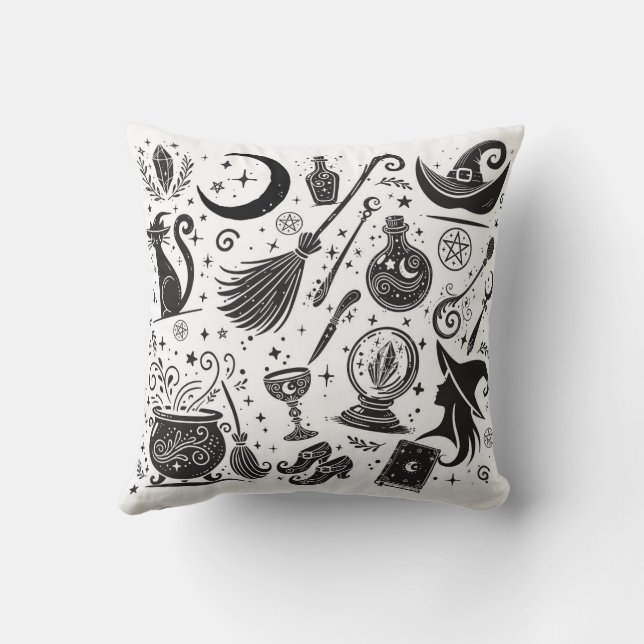 Coussin Magique Sorcière Whimsical Wiccan Pagan noir & bla (Verso)