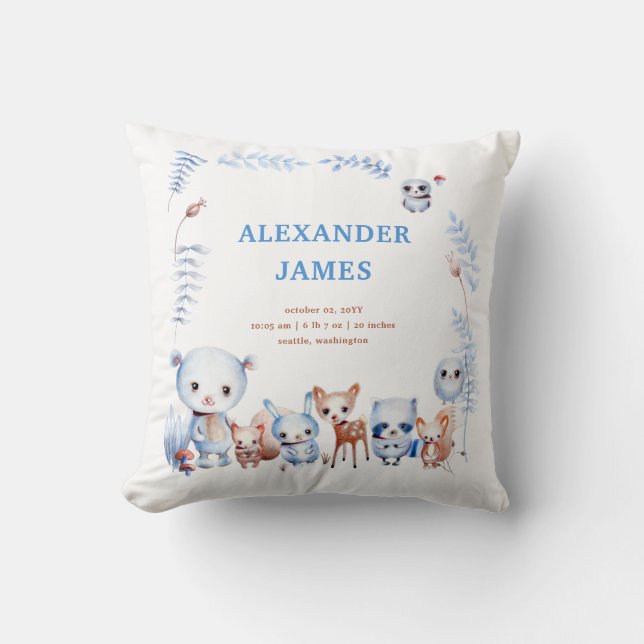 Coussin Magique Woodland Animals Birth Stats Garçon Bébé (Recto)