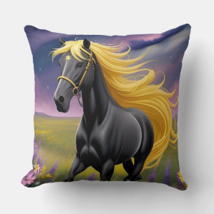 Coussin Magnifique cheval noir à la crinière dorée ondoyan