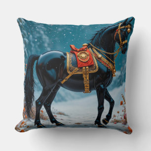 Coussin Magnifique cheval noir orné de harnais doré