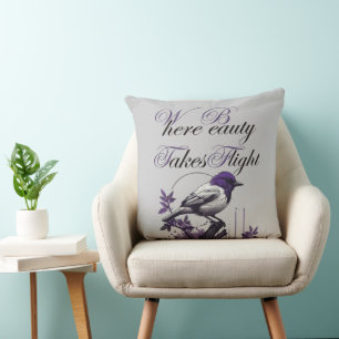 Coussin Magnifique oiseau sur Feuilles pourpres   Imprimé