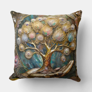 Coussin Main Robot D'Or Tenant Arbre De Vie D'Or